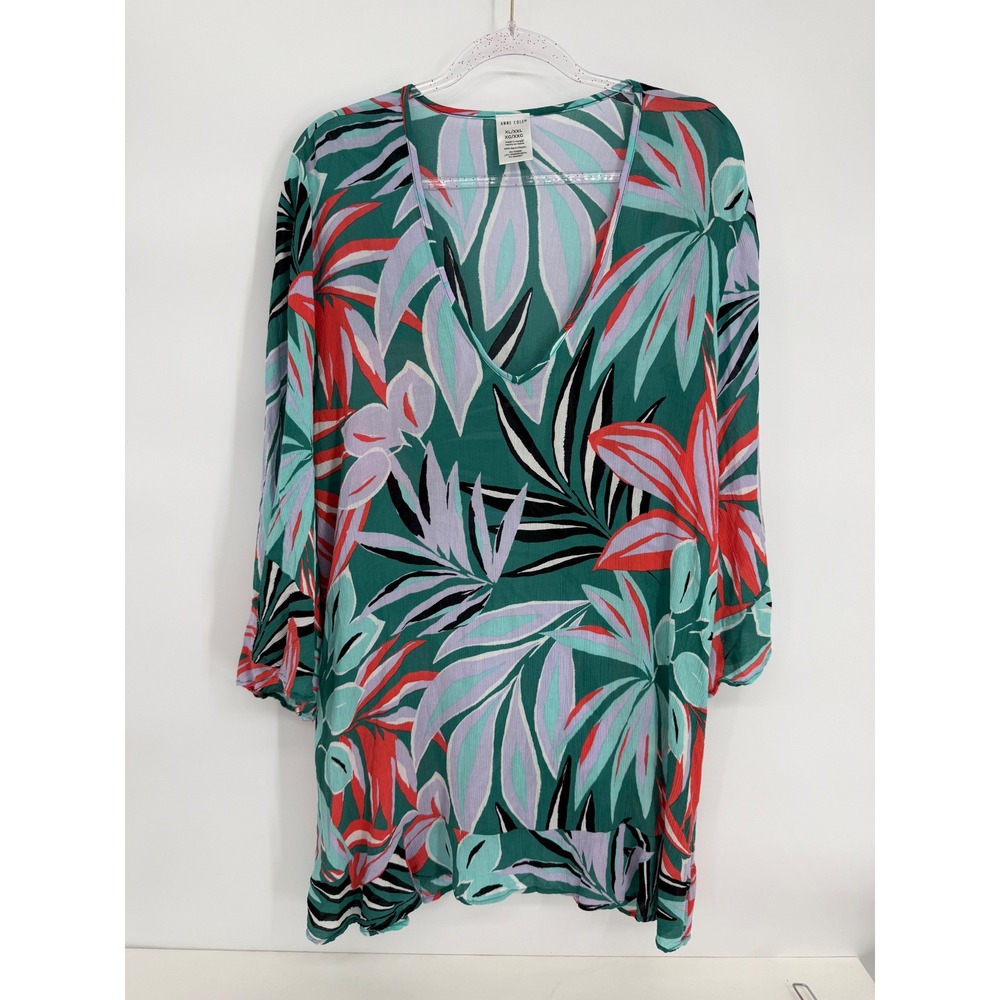 Anne Cole Tropical Leaf V-Neck Swim Cover Up Tunic Green Sz XL/XXL